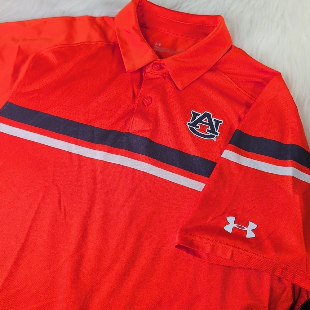 Under Armour Polo Men Large Orange Auburn Tigers NCAA Striped HeatGear Shirt